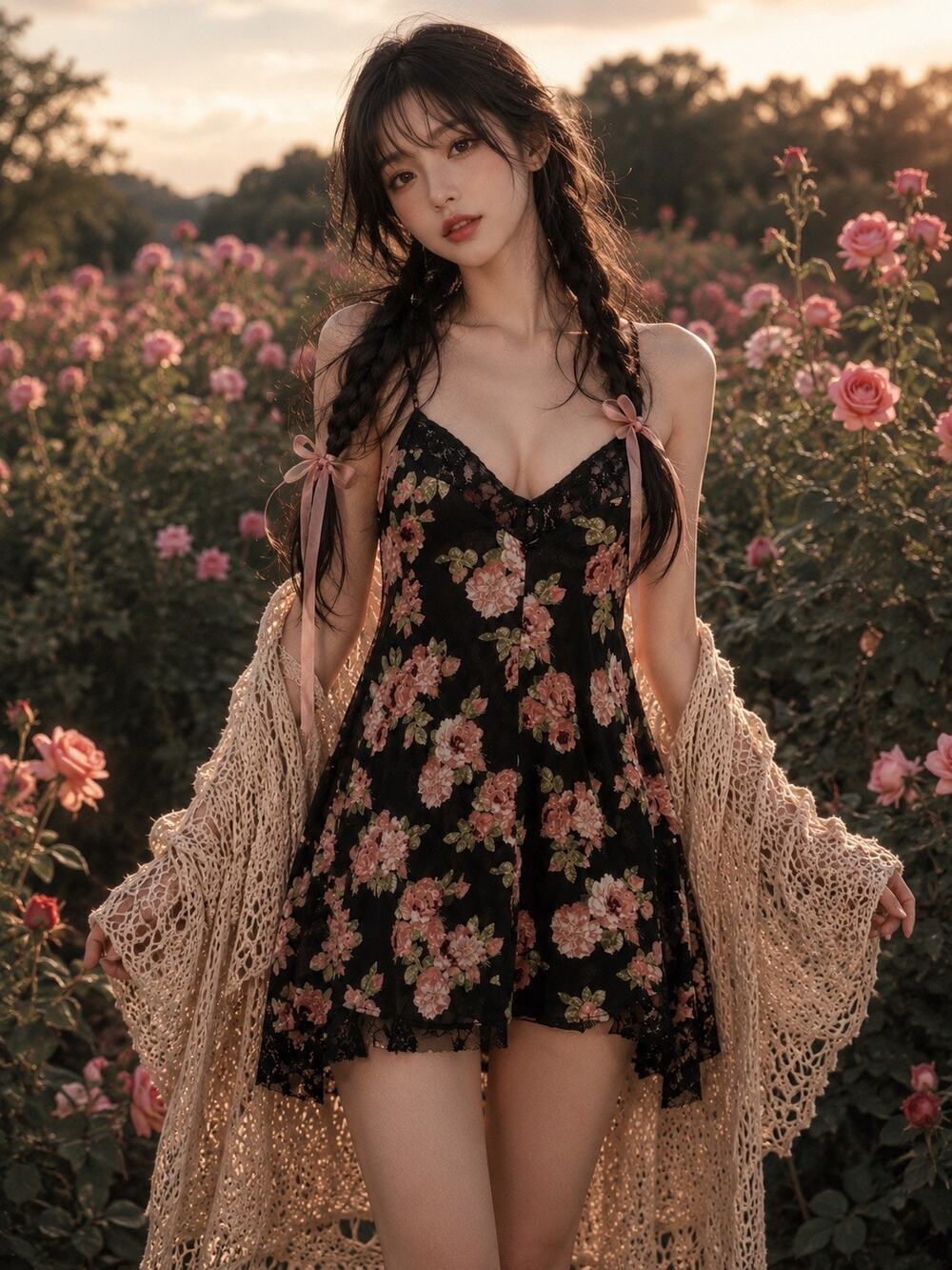 Moonlit Meadow Romantic floral flowy lace trimmed mini swing cami slip dress